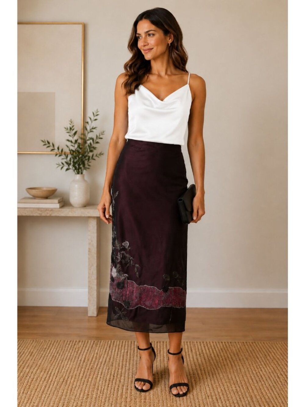 Vintage New BCBG Purple Hi Low Silk Maxi Skirt w Floral Embroidery SZ 2
